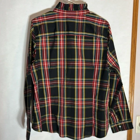 J. Crew Red, Black, Green and Gold Plaid Rhinestone Button-Down Shirt Size XL - Picture 5 of 14
